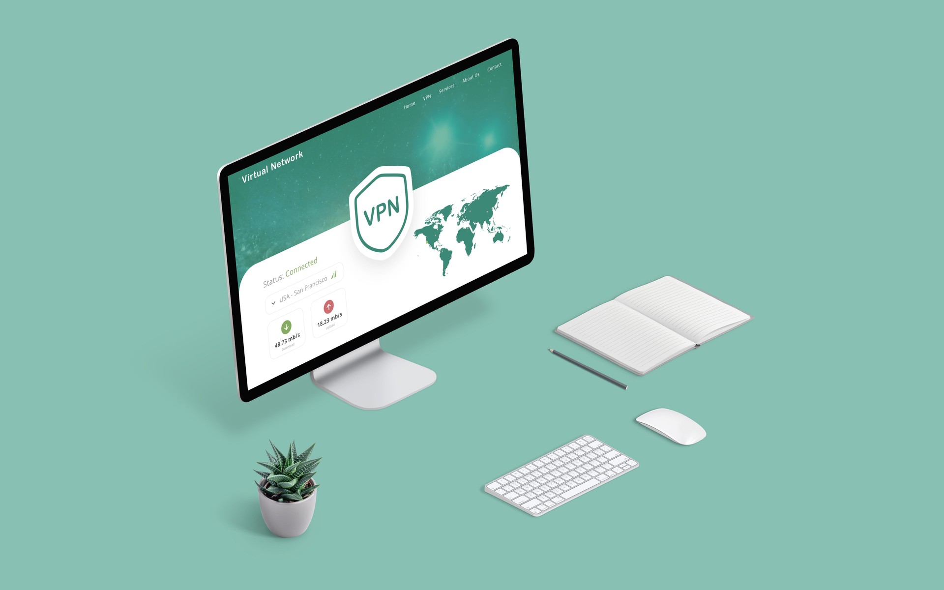 Computer display showcasing a VPN web page concept. Secure internet connection, privacy protection, and anonymous browsing highlighted
